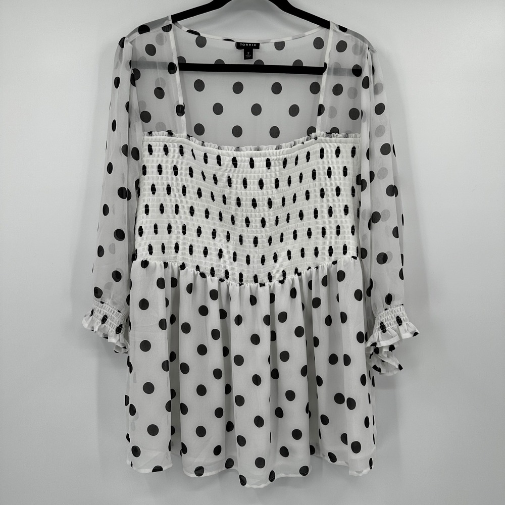 Torrid 2 White Black Polka Dot Smocked Square Neck Pinup Peplum Blouse Top Retro